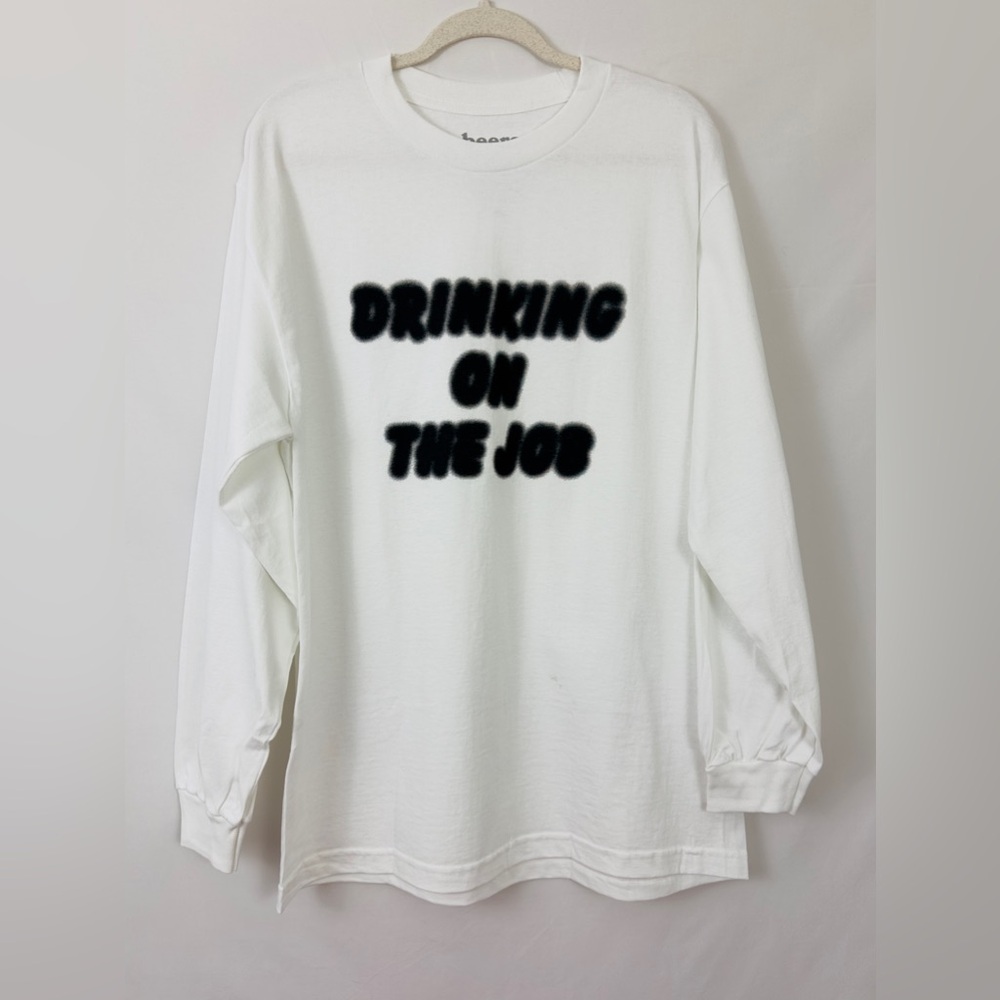 Men’s White “Beers” Drinking on the job Long Sleeve 100% Cotton T-shirt …